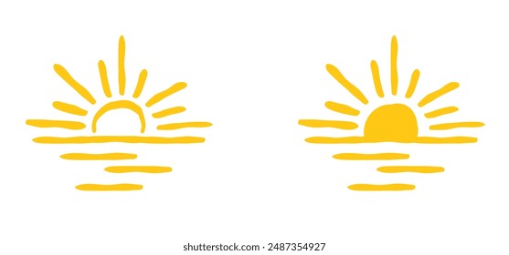 Cartoon drawing half sun or sunlight. Shining rays of light. Sunrise suns. Weather tools. Power, Sun rise line pattern. Sunshine sunset. water, sea surface. Downwards or upwards wave.