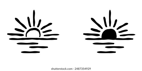 Cartoon drawing half sun or sunlight. Shining rays of light. Sunrise suns. Weather tools. Power, Sun rise line pattern. Sunshine sunset. water, sea surface. Downwards or upwards wave.