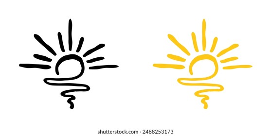 Cartoon drawing half sun or sunlight. Shining rays of light. Sunrise suns. Weather tools. Power, Sun rise line pattern. Sunshine sunset. water, sea surface. Downwards or upwards wave.