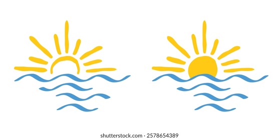 Cartoon drawing half sun or sunlight and sea. Shining rays of light. Sunrise suns. Weather tools. Power, Sun rise line pattern. Sunshine sunset. water, sea surface. Downwards or upwards wave.