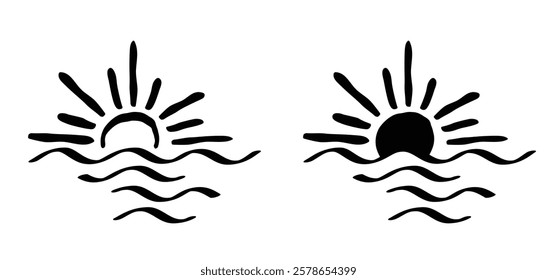 Cartoon drawing half sun or sunlight and sea. Shining rays of light. Sunrise suns. Weather tools. Power, Sun rise line pattern. Sunshine sunset. water, sea surface. Downwards or upwards wave.