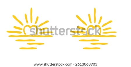 Cartoon drawing half sun or sunlight with heart. Shining rays of light. Sunrise suns. Weather tools. Power, Sun rise line pattern. Sunshine sunset. water, sea surface. Downwards or upwards wave.