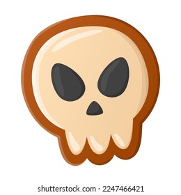 Cartoon drawing of Halloween cookie in shape of human skull on white background. Spooky Halloween candies vector illustration. Halloween, sweet food concept