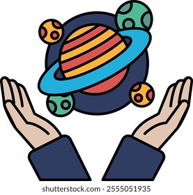 A cartoon drawing of a hand holding a planet. The hand is surrounded by a circle of planets, with one of them being the planet Earth. The drawing conveys a sense of wonder