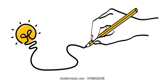 Cartoon drawing hand with pen writing a line, electric lamp idea. FAQ, business loading concept. Fun vector light bulb icon or sign ideas. Brilliant lightbulb education or invention pictogram banner. 