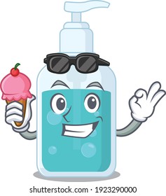 A cartoon drawing of hand sanitizer holding cone ice cream