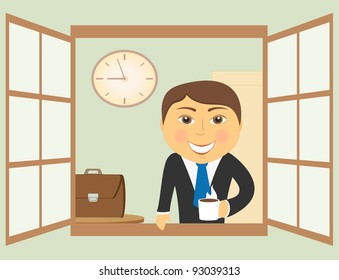 cartoon drawing with happy businessman in window with coffee cup
