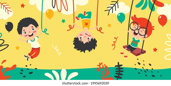 Cartoon Drawing Of Happy Character Swinging