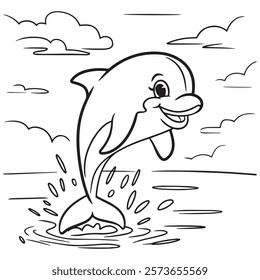 Cartoon drawing of a happy dolphin swimming in the ocean.