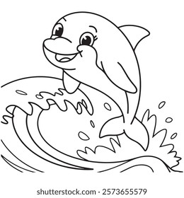 Cartoon drawing of a happy dolphin swimming in the ocean.
