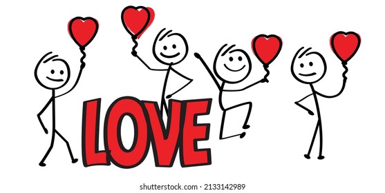 Cartoon drawing happy stickman and slogan love  with heart symbol. Cartoon vector stick figure icon or pictogram. Valentines or valentine day 14 february. xoxo