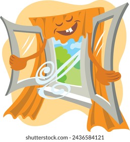 Cartoon drawing of a happy window that opens its sashes wide to let fresh air into the room