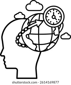 A cartoon drawing of a head with a globe on top and a clock in the middle