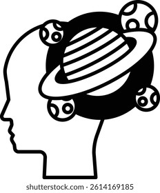 A cartoon drawing of a head with a planet on top of it
