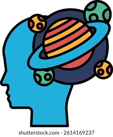 A cartoon drawing of a head with a planet on top of it. The head is blue and the planet is yellow, red, and green