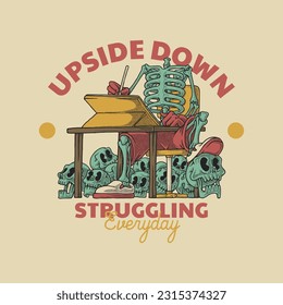 Cartoon drawing headless skeleton retro emblem