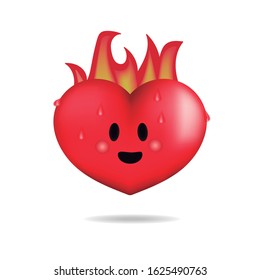 Cartoon drawing of a heart with fire. Image of a passion emoticon.