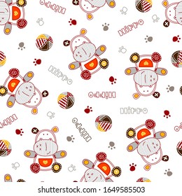 Cartoon drawing of a hippopotamus with smooth contours, vector illustration, footprints, colorful balls and other ornaments