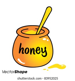 Cartoon Drawing Of A Honey Pot With Spoon, Vector Illustration