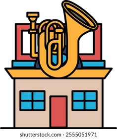 A cartoon drawing of a house with a large brass instrument on top of it. The house is white and blue, and the instrument is yellow and red. The drawing has a playful and whimsical mood