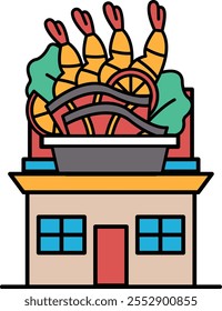 A cartoon drawing of a house with a pot of food on top of it. The food includes shrimp, vegetables, and oranges