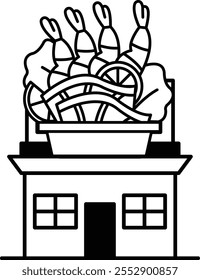 A cartoon drawing of a house with a pot of food on top of it