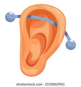 Cartoon drawing of a human ear with an industrial piercing connecting two parts of the cartilage with a metal barbell