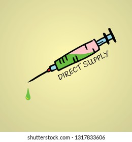 Cartoon drawing of a hypodermic needle for direct supply of drugs. Vector illustration.