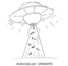 Cartoon Drawing illustration of alien space ship or UFO abducting or kidnapping people in ray of light.