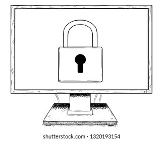 Cartoon drawing or illustration of computer display or screen with lock or padlock symbol as network or Internet security concept.
