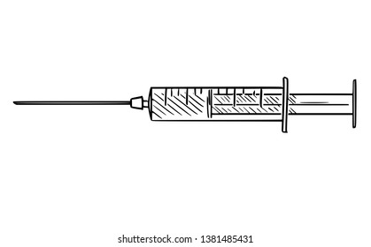 Cartoon drawing or illustration of medical injection syringe.