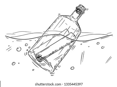 Cartoon drawing illustration of paper message in old glass bottle floating in ocean.