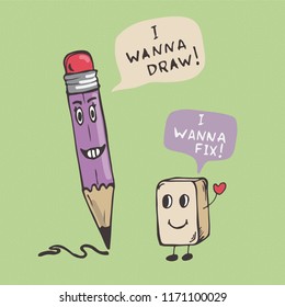 Cartoon drawing illustration with pencil and eraser.