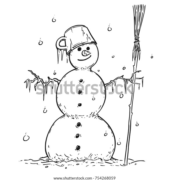 Cartoon Drawing Illustration Smiling Snowman Broom Stock Vector Royalty Free