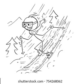 Cartoon drawing illustration of stick man doing extreme ski on snow in mountains.