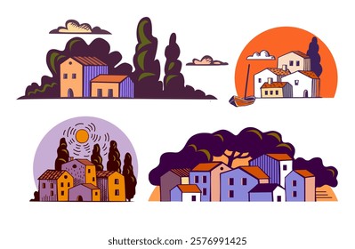 cartoon drawing image with  european village