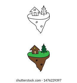 cartoon drawing of an island with a cabin and a pine tree
