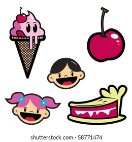 Cartoon Zeichnung von Einzelobjekten - Eis, Kirsche, Kuchen und Kindern