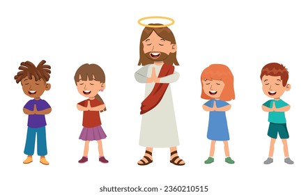 Cartoon Drawing Of Jesus Christ. Diverse children praying.