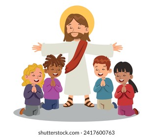 Cartoon Drawing Of Jesus Christ, diverse children praying, vector illustration in cartoon style.