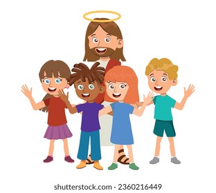 Cartoon Drawing Of Jesus Christ, group of happy children, vector illustration.