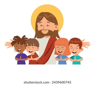 Cartoon Drawing Of Jesus Christ. Several children praying. vector cartoon, white background