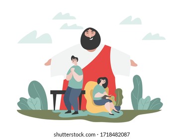 Cartoon drawing of Jesus comforting people Is a vector image or illustration that can be used for various designs and media.