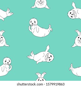 cartoon drawing kawaii fur seals, baby nerpas seamless pattern on green background, cute animals, editable vector illustration for kids fabric, textile, paper, decoration