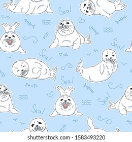 cartoon drawing kawaii fur seals, baby nerpas seamless pattern, on blue background with doodle elements, cute wild red list animals, editable vector illustration for kids fabric, textile, paper, decor