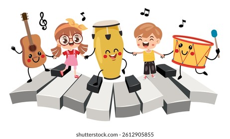 Cartoon Drawing Of Kids And Instruments