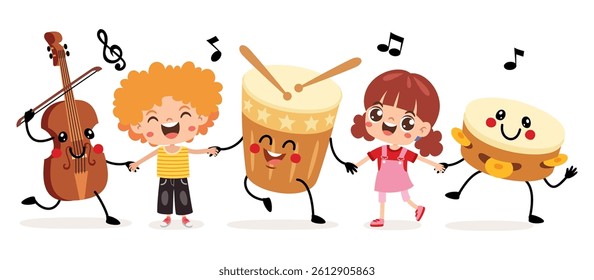 Cartoon Drawing Of Kids And Instruments