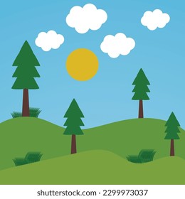A cartoon drawing of a landscape with trees and the sun in the background.