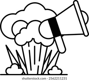 A cartoon drawing of a large explosion with a microphone in front of it