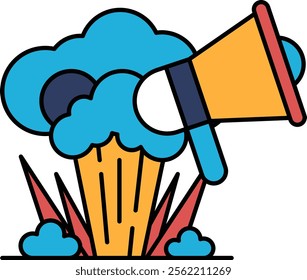 A cartoon drawing of a large explosion with a microphone in front of it